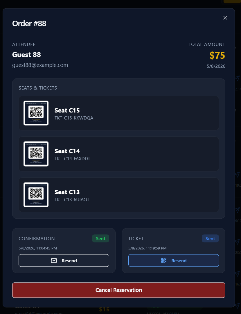 Order management interface for reviewing reservations and payments