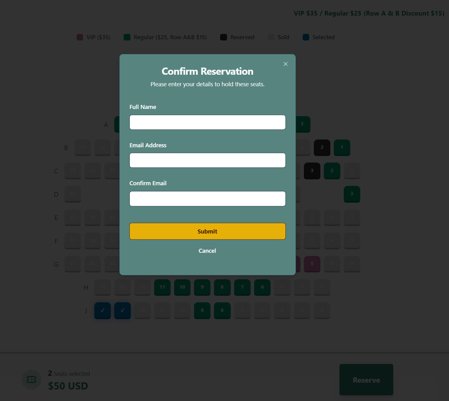 Fictionalized seat-selection interface with a reservation confirmation form