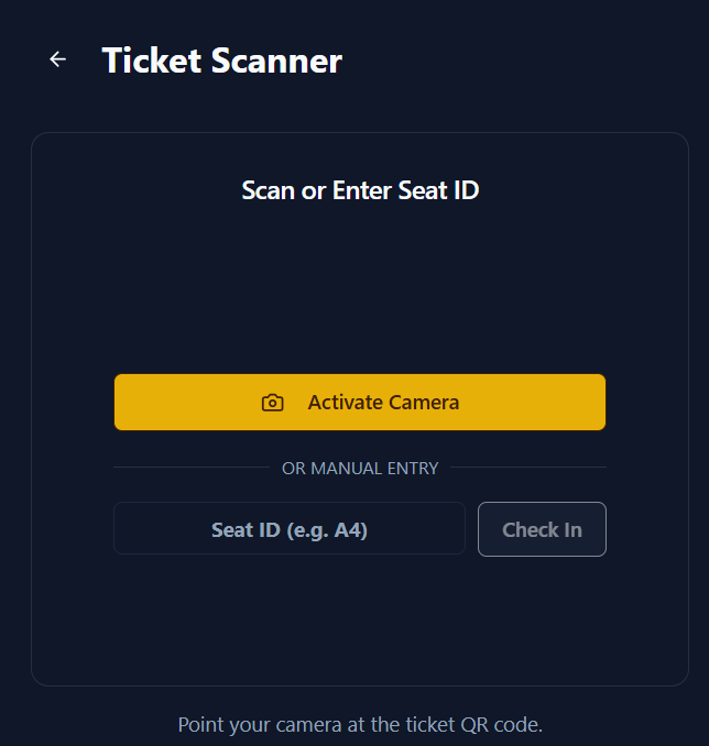 Mobile ticket scanner with camera activation and manual seat ID entry
